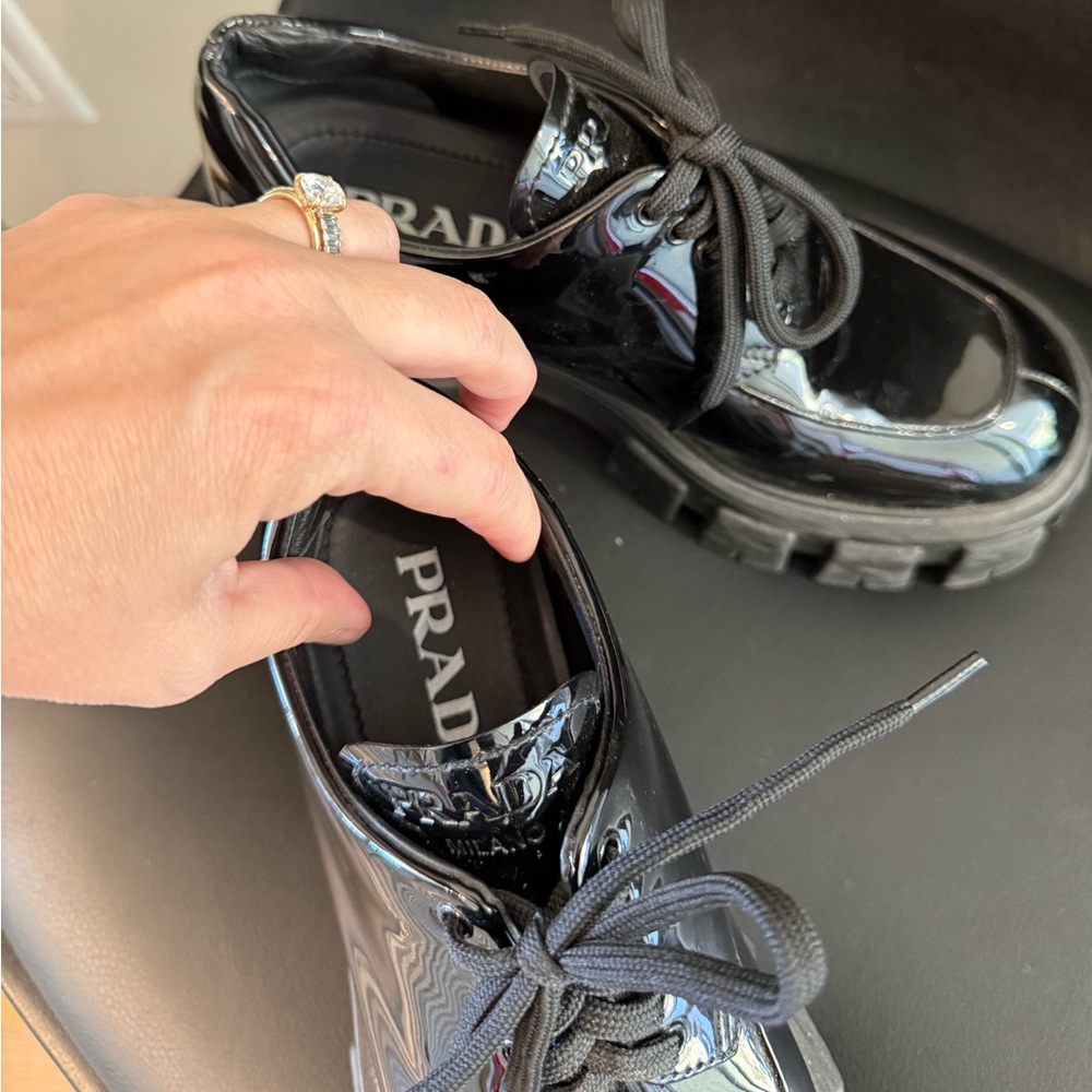 Authentic Prada monolith soft patent leather Lace-Up loafers platform.